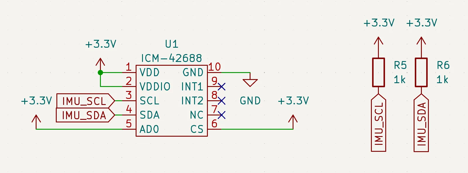 ICM-42688（IMU）回路図に見える、I2C信号線の1kΩプルアップ抵抗の実例