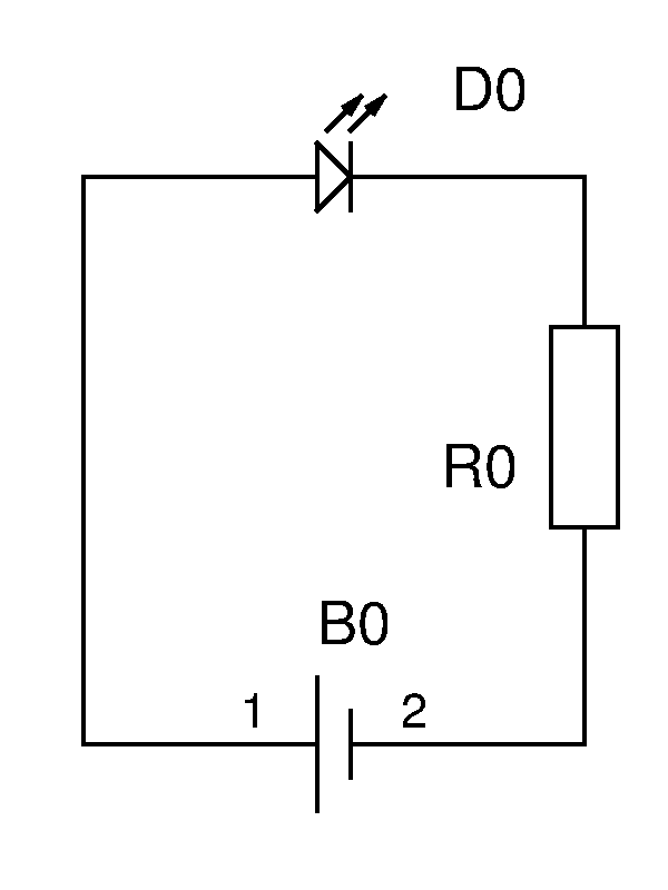 回路図：LEDと抵抗と電源を記号で描いたもの