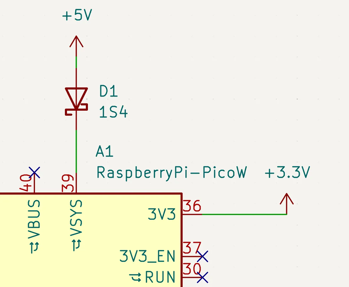 Raspberry Pi Pico W の電源入力回路。+5VからダイオードD1を経てVSYSへ入る実際の回路図
